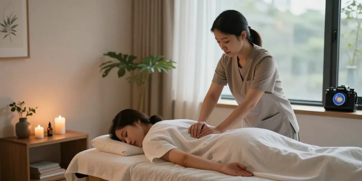 인천출장안마 therapeutic massage in a tranquil room with calming decor and natural light.