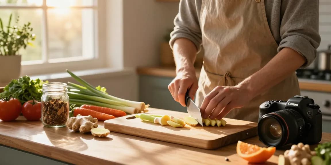 Cooking fresh herbs like ginger and lemongrass in a warm kitchen, featuring สล็อตเว็บตรง culinary delights.
