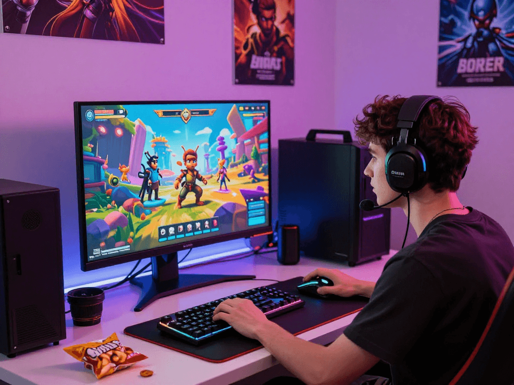Engaging gamer exploring colorful porn games in a vibrant digital environment
