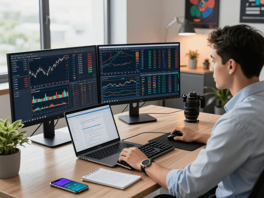 Focused trader analyzing TradingView charts in a modern workspace, showcasing real-time financial data.