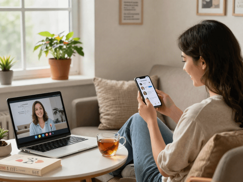 Young woman crushes on dating prospects while enjoying a cozy living room atmosphere.