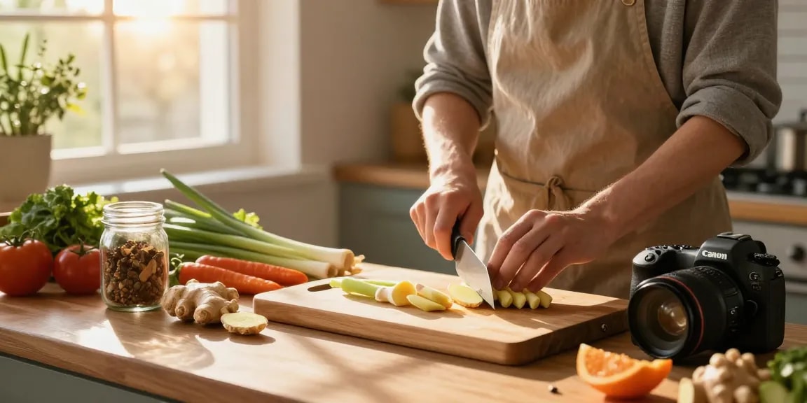 Cooking fresh herbs like ginger and lemongrass in a warm kitchen, featuring สล็อตเว็บตรง culinary delights.