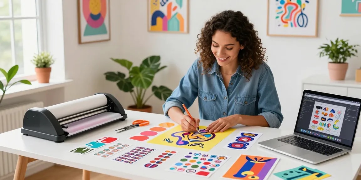 Custom stickers being designed in a vibrant workspace with colourful vinyl sheets and creative tools.