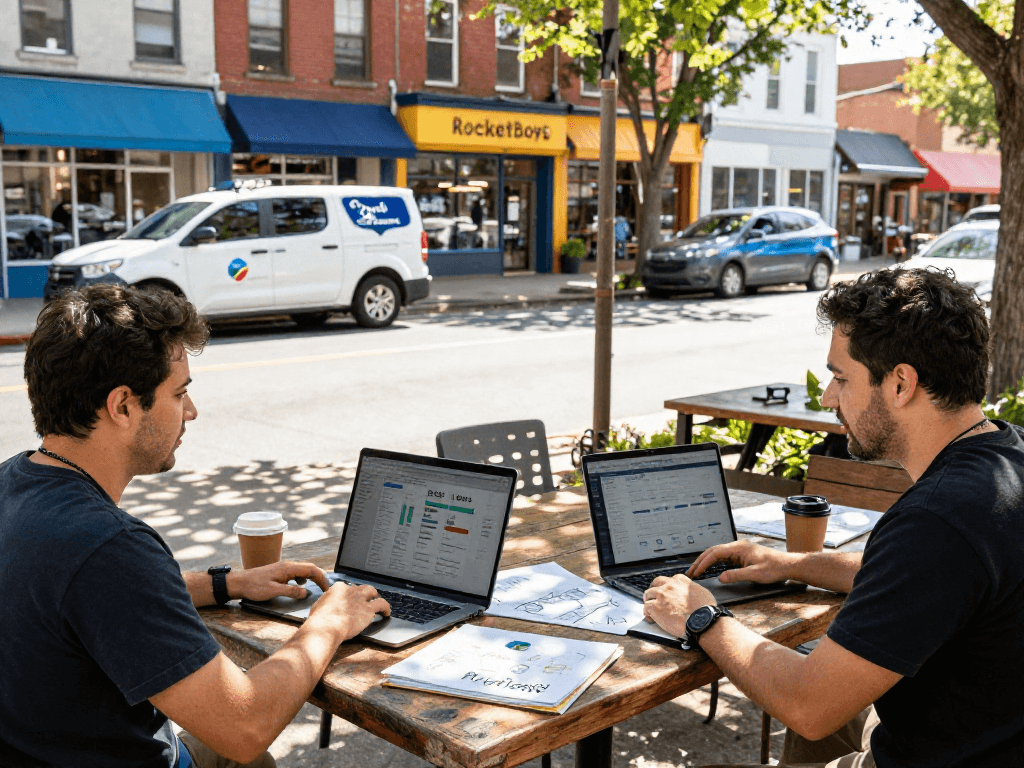 Operators developing strategies for Google Maps SEO services in a vibrant local business environment.
