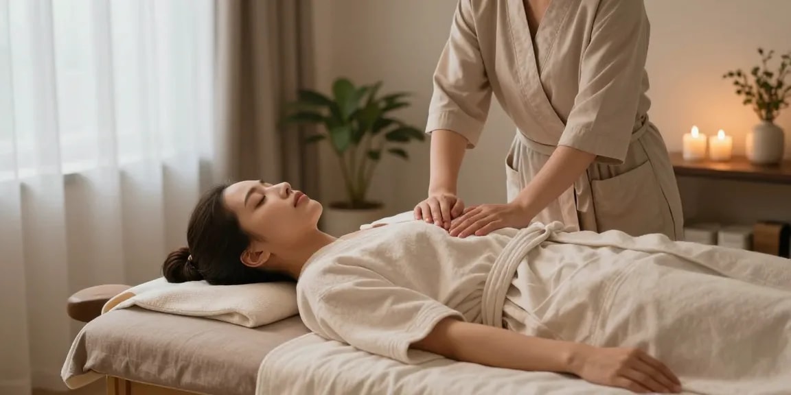 Relaxing 인천출장마사지 session at home with skilled therapist, calming atmosphere, and soothing decor.