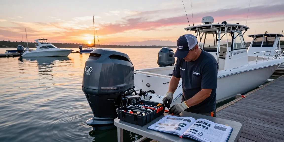 Yamaha outboard motor service technician maintaining a boat engine at dawn, showcasing expert marine maintenance.