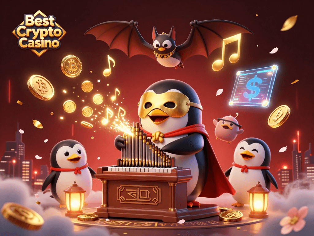 Experience the excitement of the Best Crypto Casino with a vibrant 3D scene featuring a phantom penguin and golden coins.