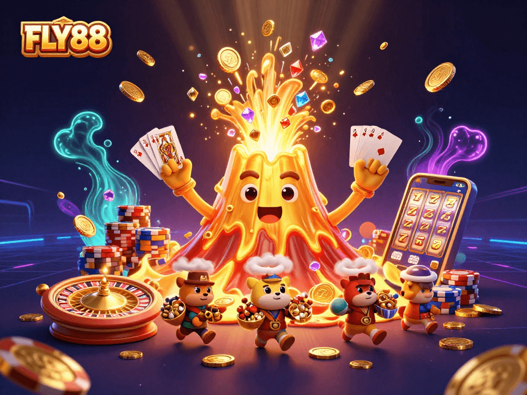 Experience the thrill of winning at FLY88 with dynamic 3D characters and casino elements.