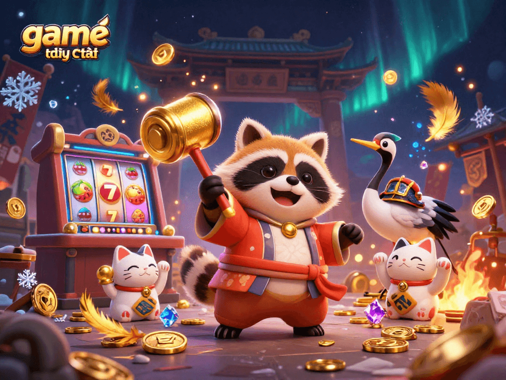 Play exciting slots with game đổi thưởng uy tín featuring a tanuki and samurai crane in this animated casino scene.