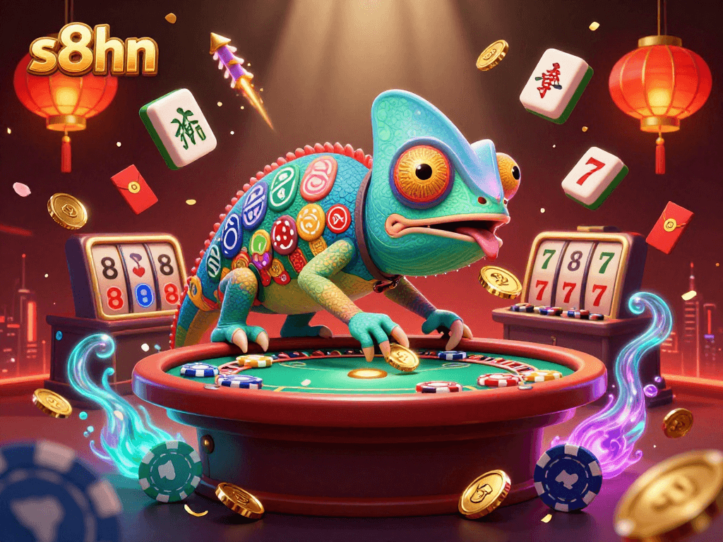 S8HN chameleon casino owner captures golden coins, surrounded by vibrant casino elements.