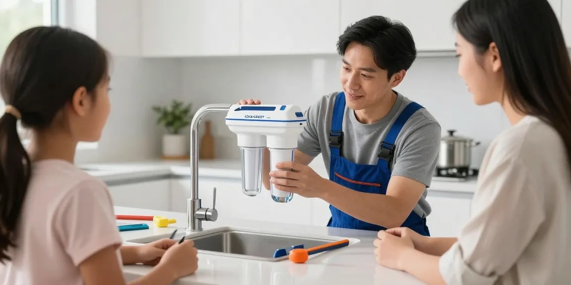 AQUA CREST 7027S Faucet Water Filter installed by trusted local plumber in a modern kitchen setting.