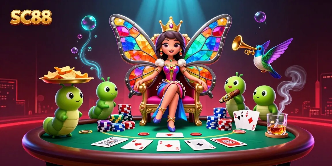 Experience the excitement of SC88 with a vibrant butterfly queen in a dynamic casino scene.