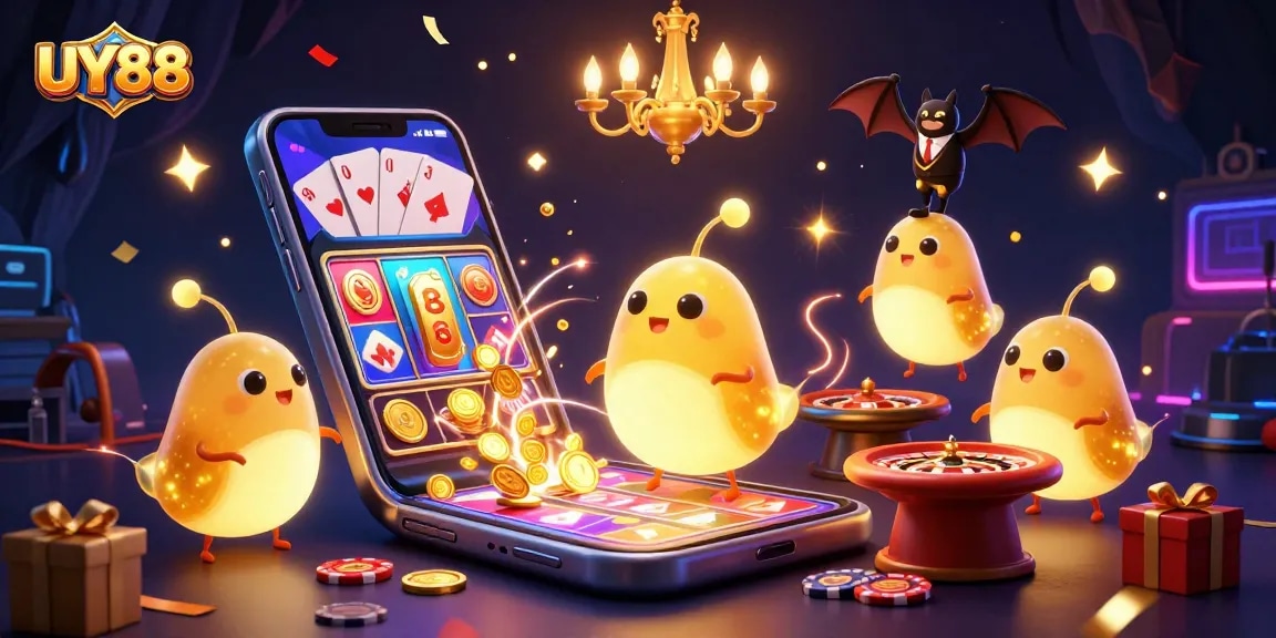 Play exciting games at UY88 with vibrant glowworm characters enhancing the casino atmosphere.