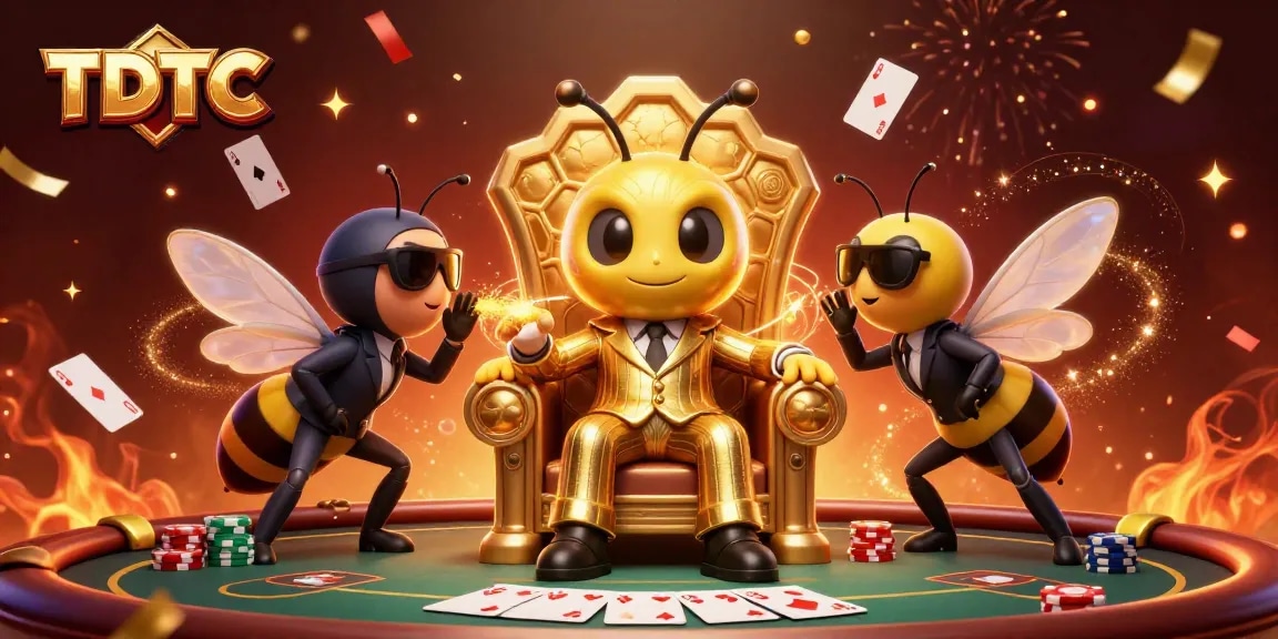 Experience thrilling poker action with TDTC's buzzing mob boss surrounded by vibrant elements.