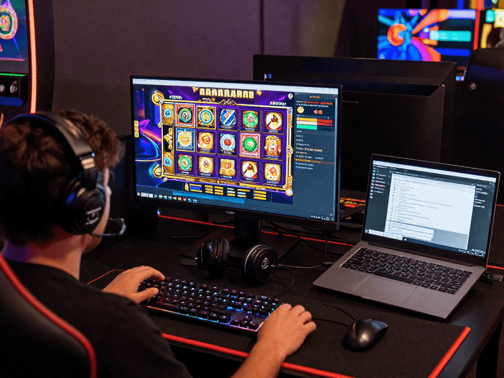 Engaged player enjoying situs slot gacor games at a modern gaming setup.