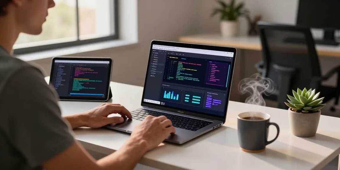 AI laptop showcased in a modern tech workspace with vibrant coding visuals, enhancing productivity.