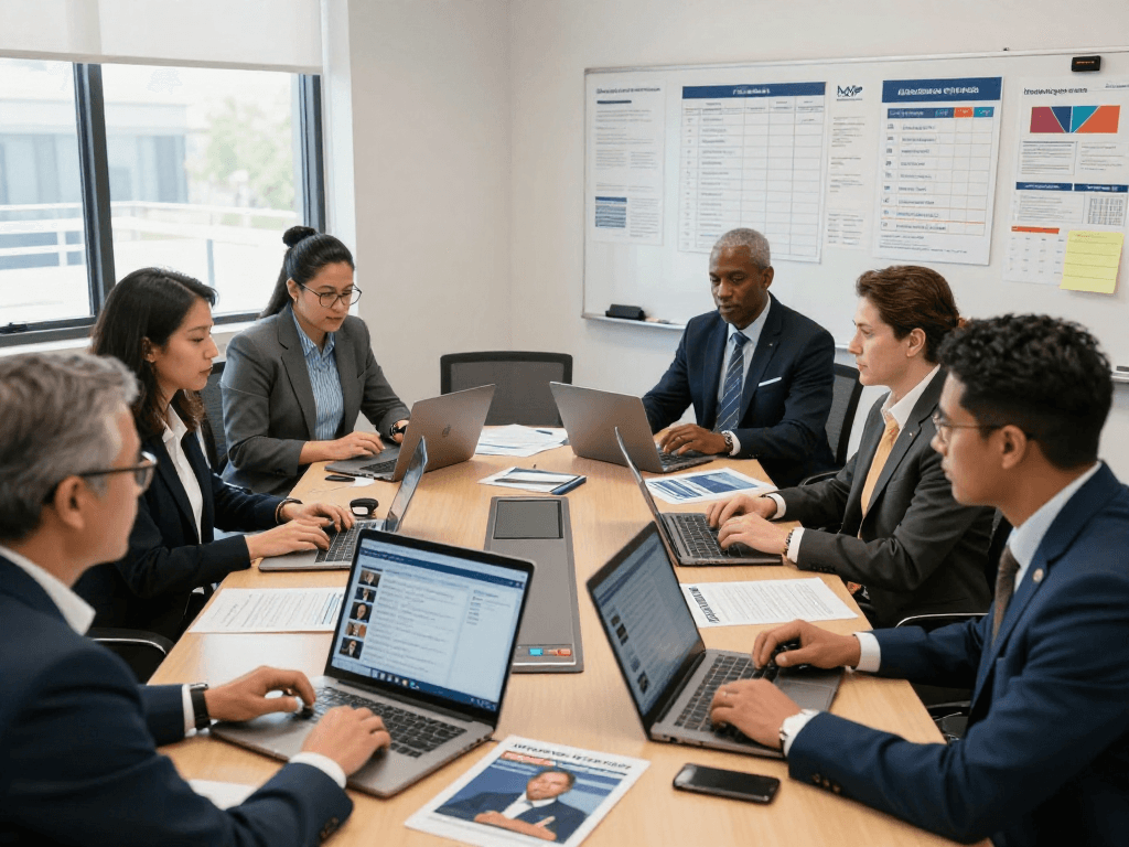 Vibrant political campaign team discussing social media management strategies in a modern office, showcasing effective political social media management techniques.