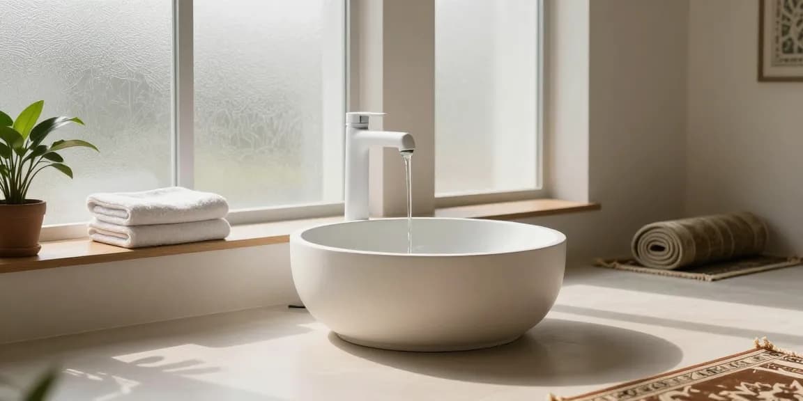 Ablution wash basin in a serene prayer space, featuring soft lighting and elegant design elements that enhance the cleansing experience.