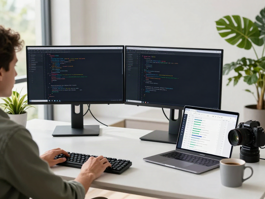 Developer optimizing v2rayN software in a modern tech workspace with dual monitors