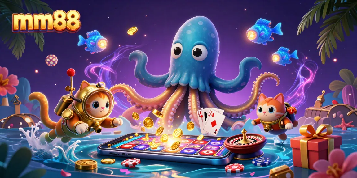 Engage with mm88's thrilling casino adventures featuring a kraken, diving cat, and vibrant games.