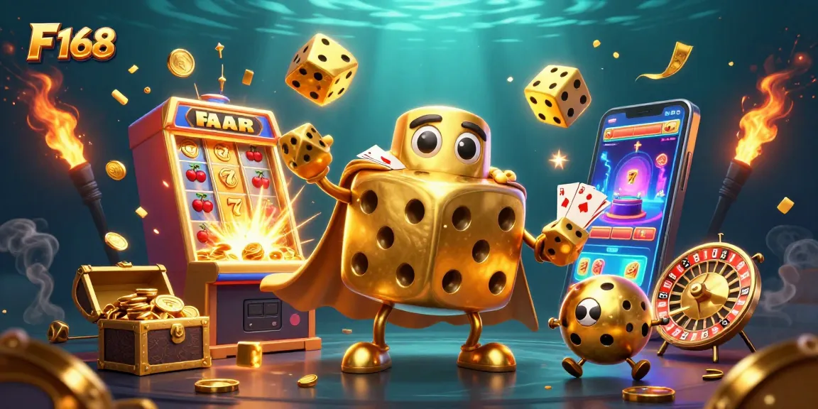 Engage with F 168's vibrant golden dice golem amidst a thrilling casino-themed explosion.