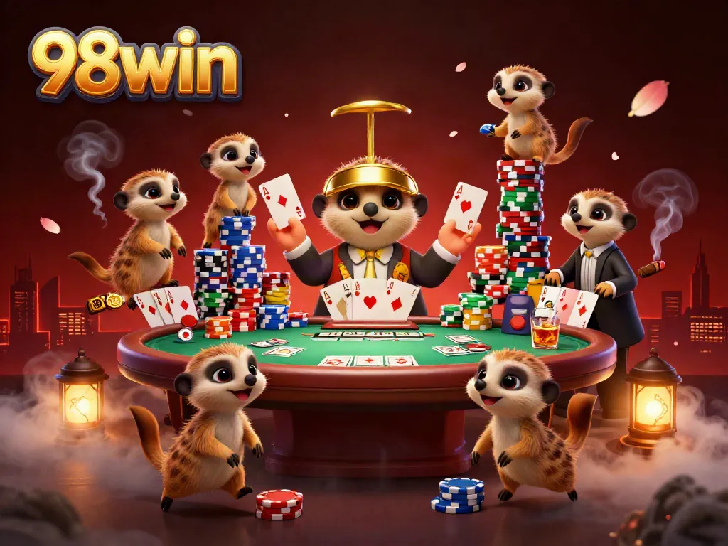 Experience thrilling casino action with 98win in a vibrant meerkat-themed gaming scene.