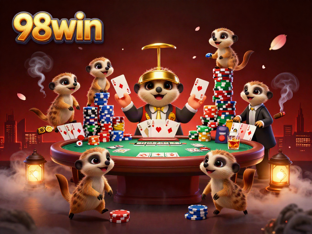 Experience thrilling casino action with 98win in a vibrant meerkat-themed gaming scene.