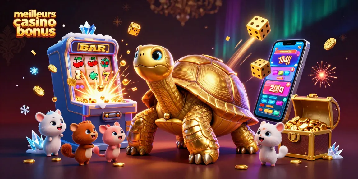 Découvrez les meilleurs casino bonus en 2026 avec une tortue dorée jouant à des machines à sous emblématiques.