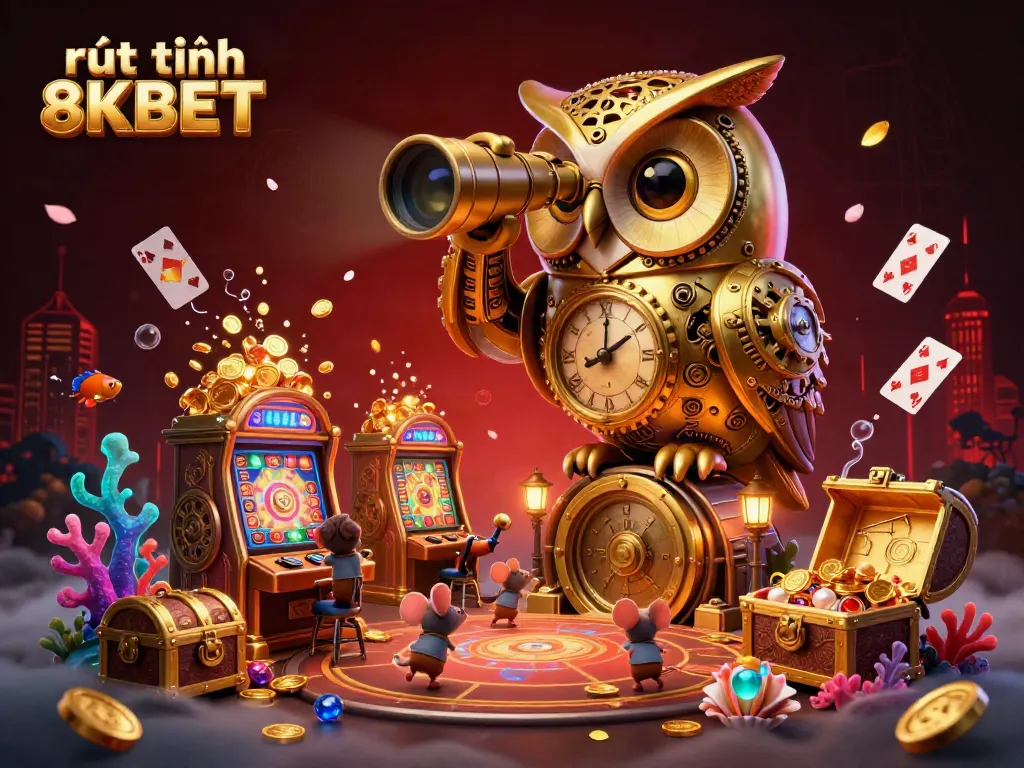 Experience seamless rút tiền 8KBET as bold characters navigate a vibrant casino world filled with gold and excitement.