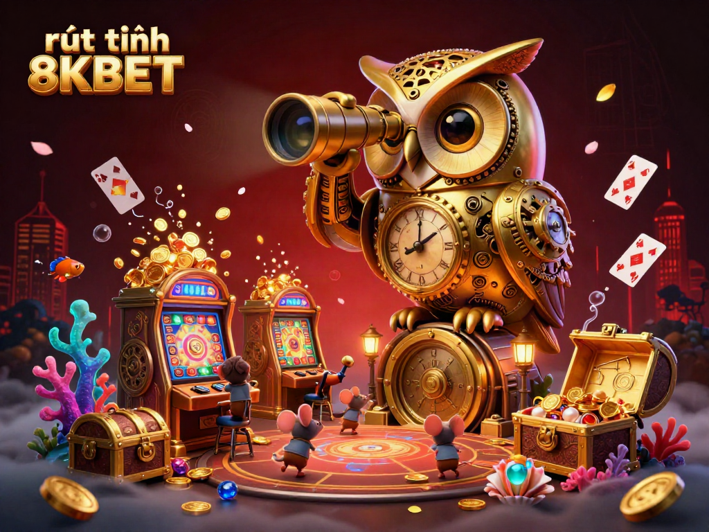 Experience seamless rút tiền 8KBET as bold characters navigate a vibrant casino world filled with gold and excitement.
