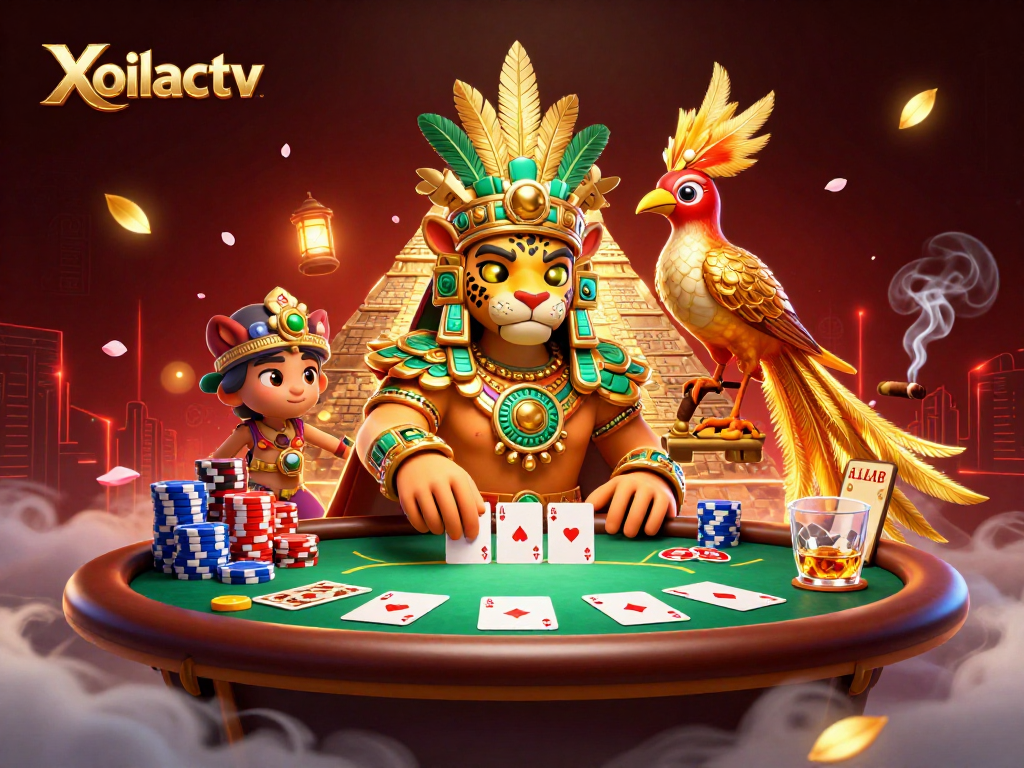 Xoilactv players enjoy a poker game with a Mayan priest and quetzal bird in a vibrant casino scene.