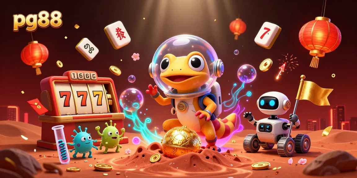 Witness the exciting pg88 casino experience as a Martian gecko discovers a golden jackpot, amidst vibrant gaming elements.