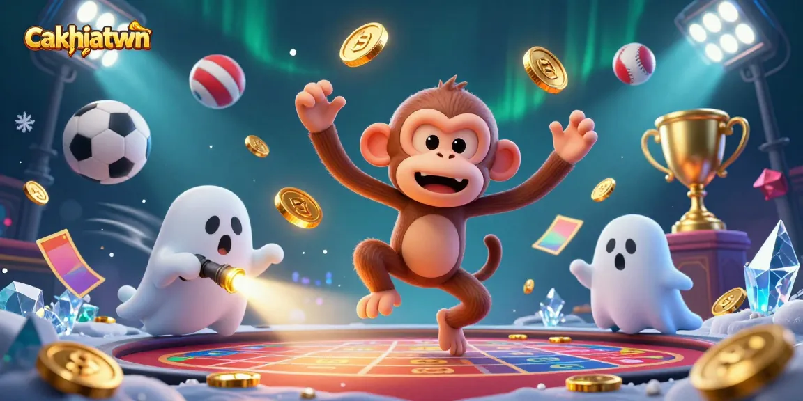 Cakhiatvvn captures a mischievous poltergeist monkey juggling golden coins in an animated haunted casino atmosphere.