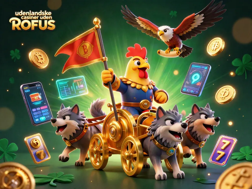 Play at udenlandske casinoer uden ROFUS featuring a roaring rooster warlord in a golden chariot.