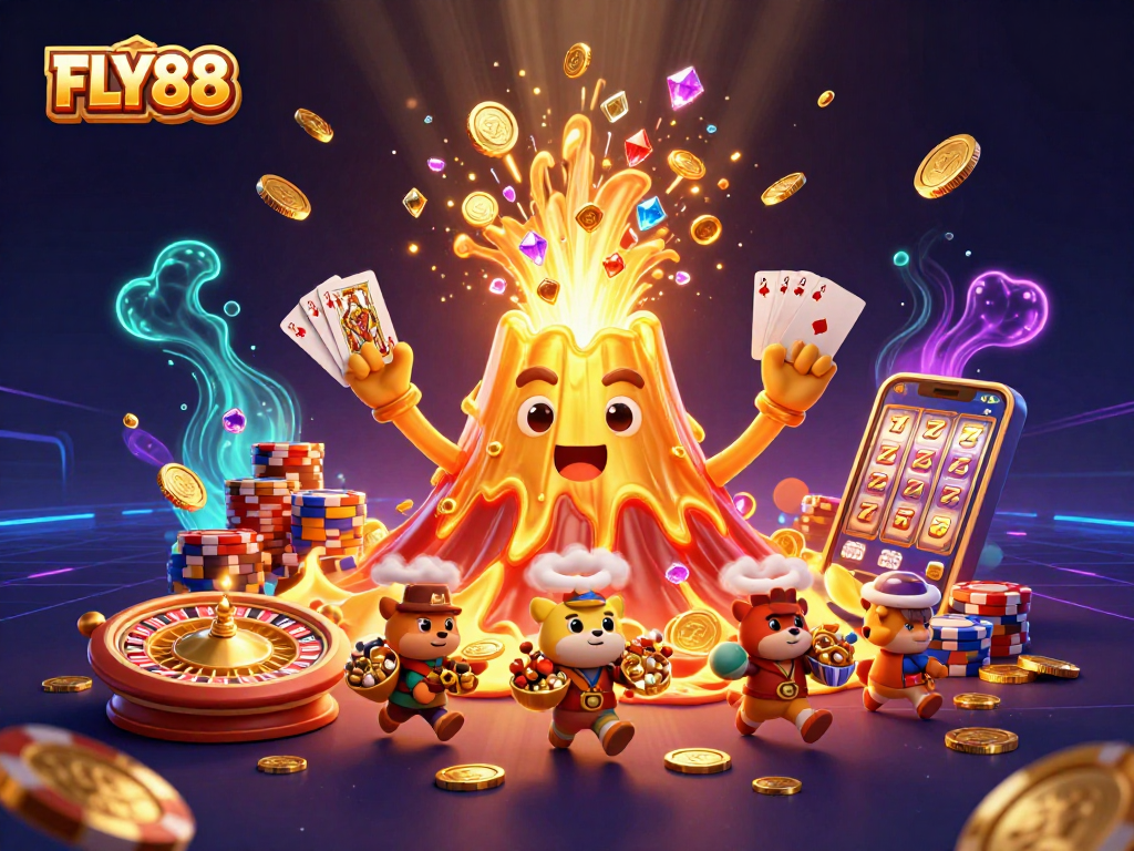 Experience the thrill of winning at FLY88 with dynamic 3D characters and casino elements.