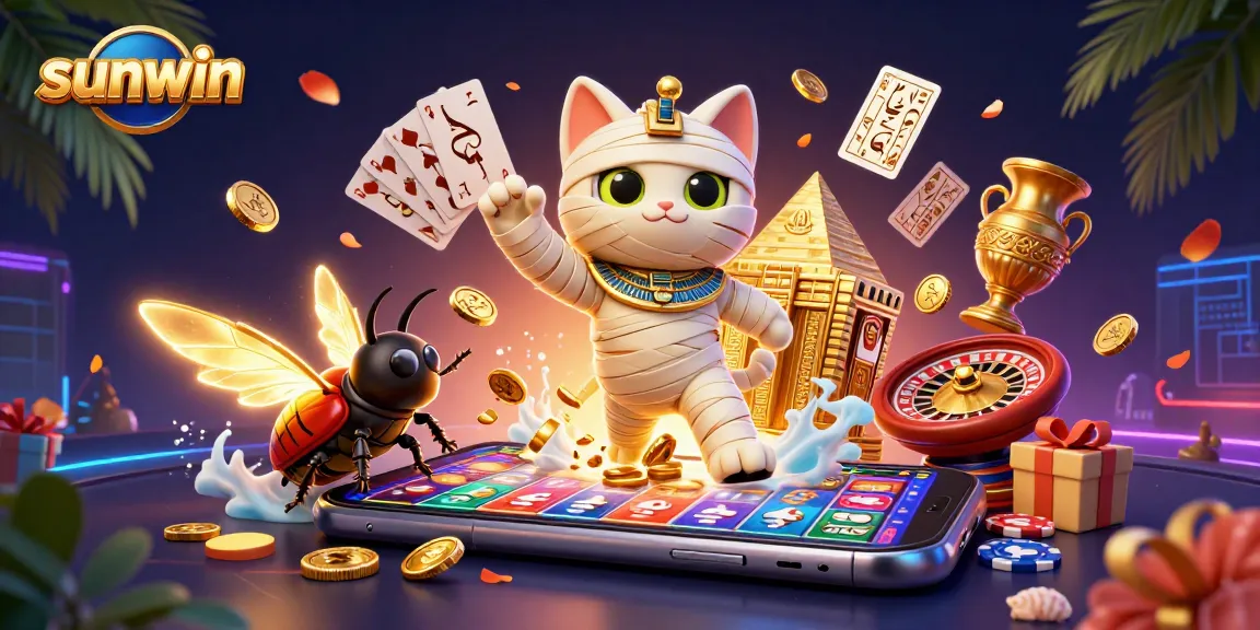Experience thrilling gaming with sunwin, featuring a fun Egyptian mummy cat in a vibrant casino.
