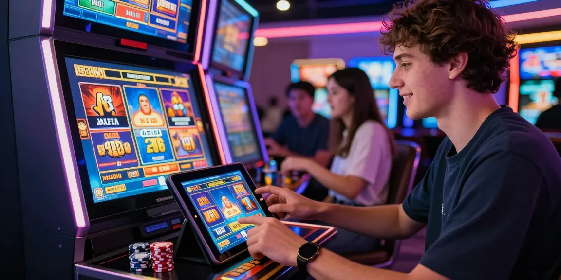 Youthful player enjoying link slot games on a tablet in a vibrant casino scene.