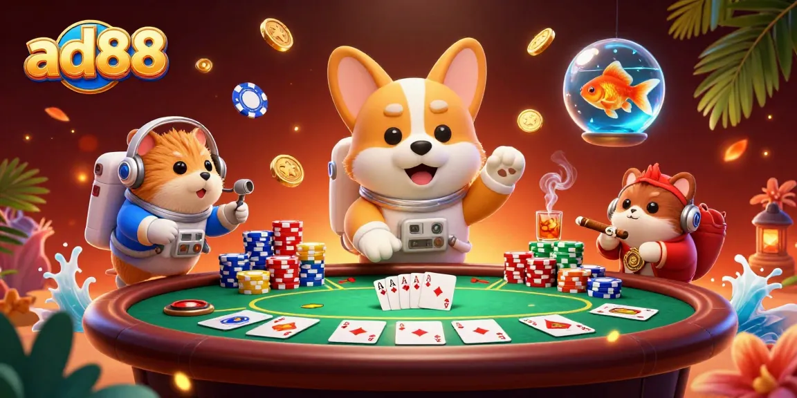 Experience excitement at ad88 casino with the 3D astronaut corgi and friends in a zero-gravity poker game.