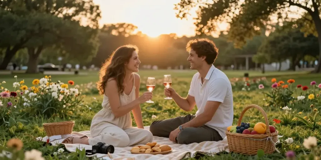Pasangan bahagia menikmati momen romantis di taman, istanawin 5kw untuk cinta sejati.