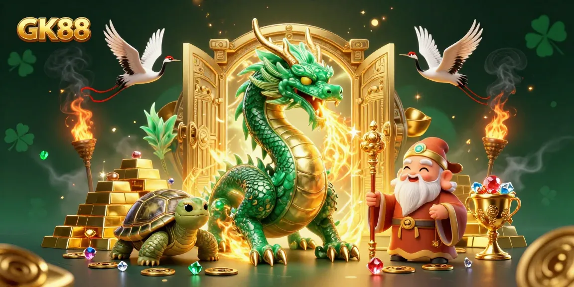 Play exciting casino games at GK88 with a vibrant dragon and treasures in a stunning 3D illustration.