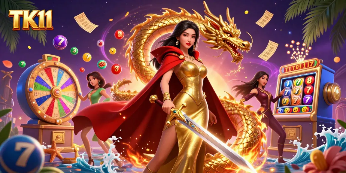 Join the TK11 action with vibrant games, a graceful warrior queen, and a golden dragon amidst lottery excitement.