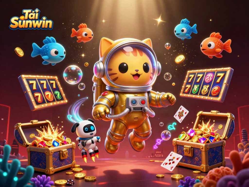 Play Tải Sunwin slots with captivating characters and vibrant casino elements in this dynamic scene.