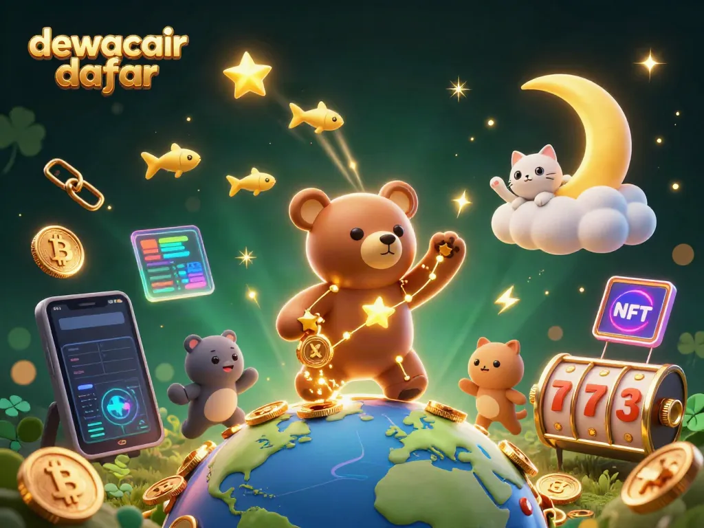 Spin the reels of dewacair daftar with golden stars and vibrant symbols in a lively casino scene.
