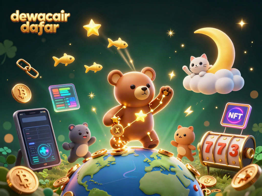 Spin the reels of dewacair daftar with golden stars and vibrant symbols in a lively casino scene.