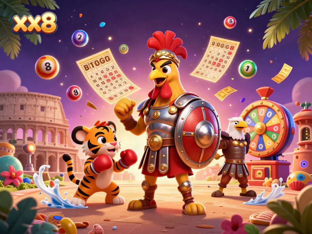 xx8 casino features lively games with a gladiator rooster amidst vibrant lottery and bingo elements.