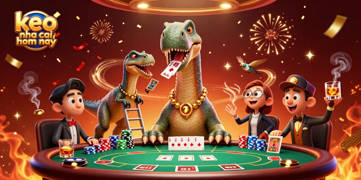 Experience dynamic gaming with keo nha cai hom nay in this lively poker scene featuring a towering dinosaur.