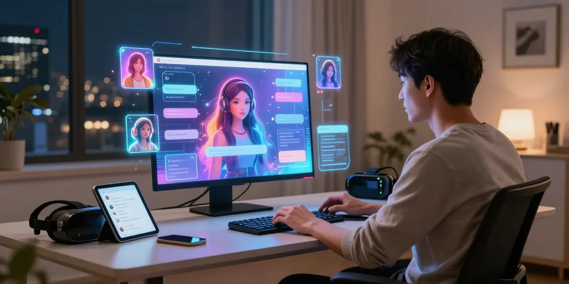 Engaging user exploring ai chat nsfw platform with virtual avatars in innovative home office.