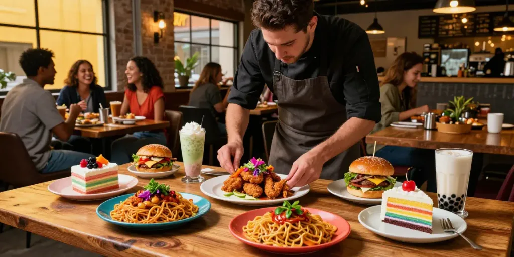 Delicious rokok88 food scene with chef plating trendy viral dishes in a modern eatery.