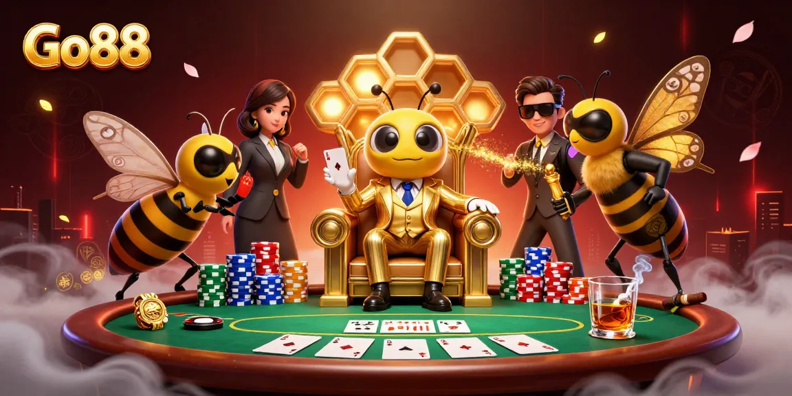 Engage with Go88's bumblebee mob boss as he plays cards in a vibrant casino atmosphere.