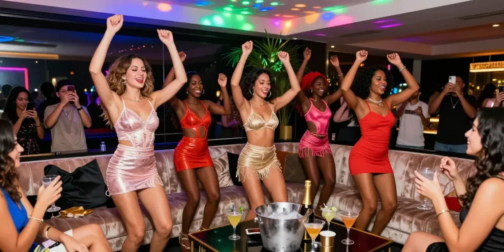 Strippers in Miami entertaining at a vibrant private party with lively atmosphere, diverse dancers, and colorful lights.